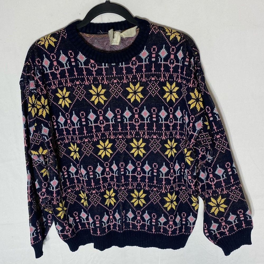 Vintage Ego Fashions Blue Pink Yellow Geometric Knit Crew Neck Sweater M
